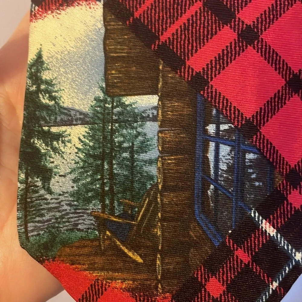 Structure Silk Italian Fabric Vintage Red Plaid Cabin in Woods Necktie Tie